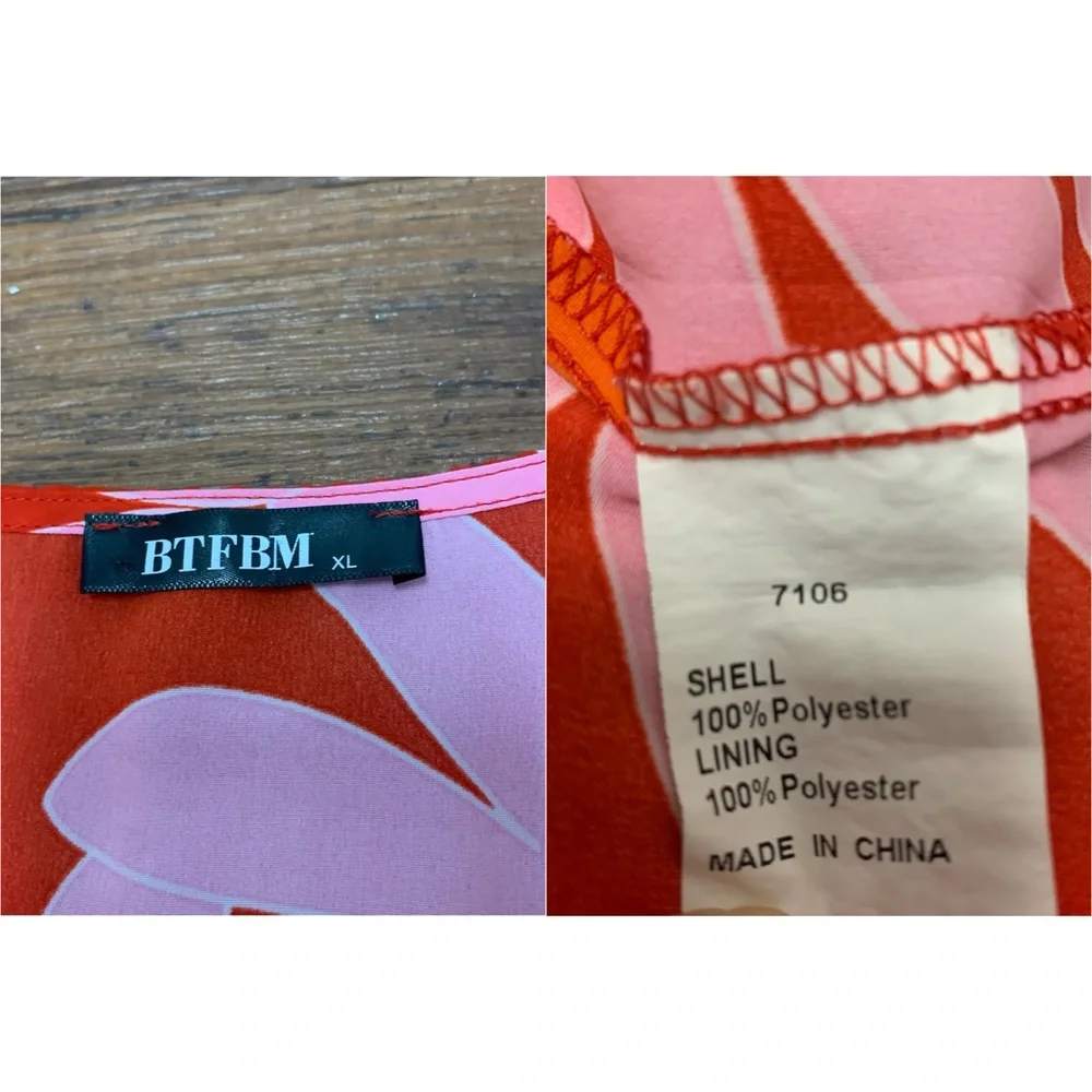 BTFBM Women's XL Summer Boho Dress Tie Front Deep V Neck Cutout Floral Pink Red - Picture 8 of 9